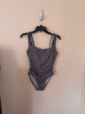 NWT Nia Ruched Squareneck One-piece in Navy and White Gingham